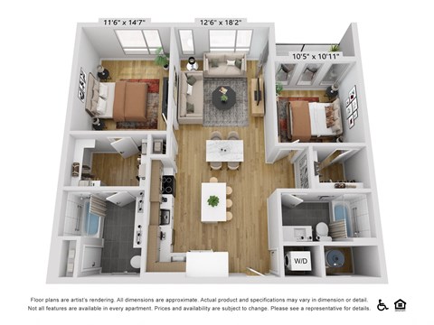 Floor plan for 2 beds, 2 baths, 1098 sqft